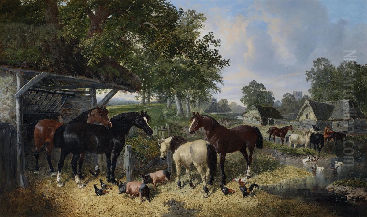 Horses, pigs and chickens in a farmyard Oil Painting by unknown