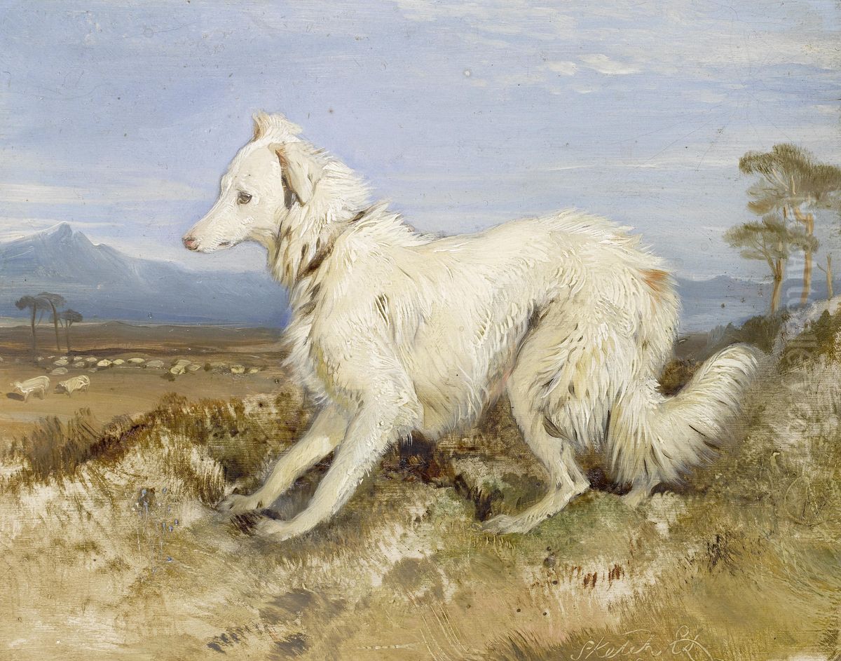White Collie in a landscape Oil Painting by unknown