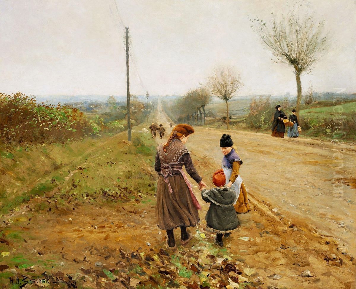 Children on a Country Road / The first steps Oil Painting by H. A. Brendekilde