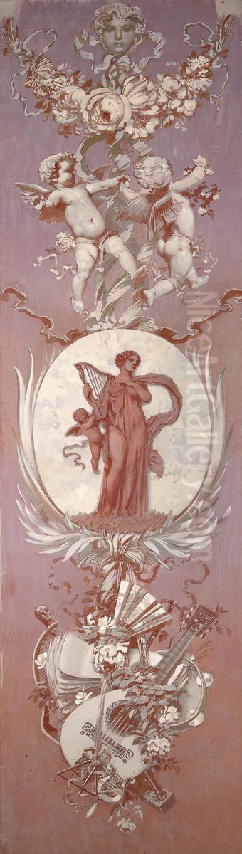 Lautenspielerin in Kartusche und Putti Oil Painting by Sebastian Lucius (Maler)