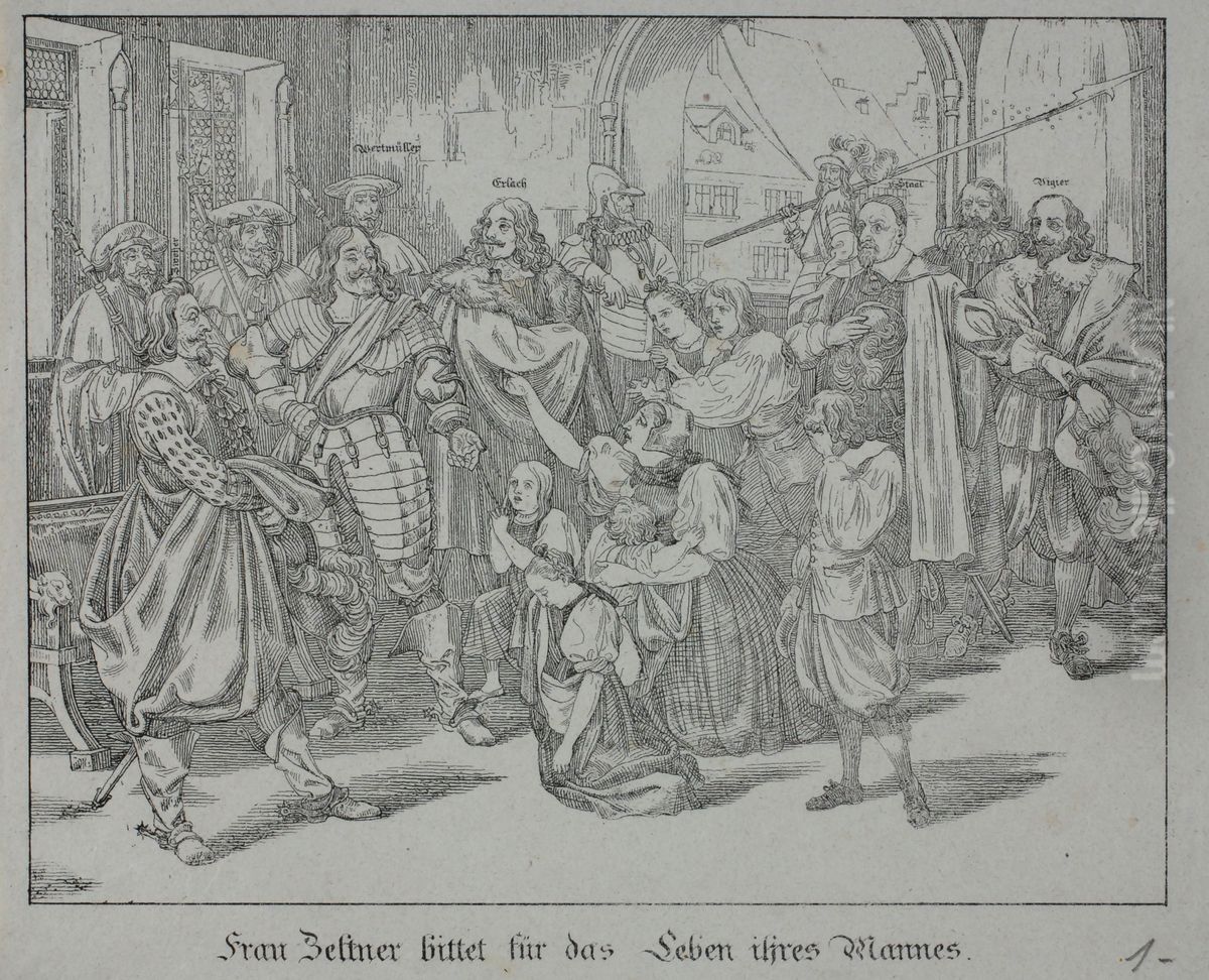 Frau Zeltner bittet fur das Leben ihres Mannes. Oil Painting by Martin Disteli