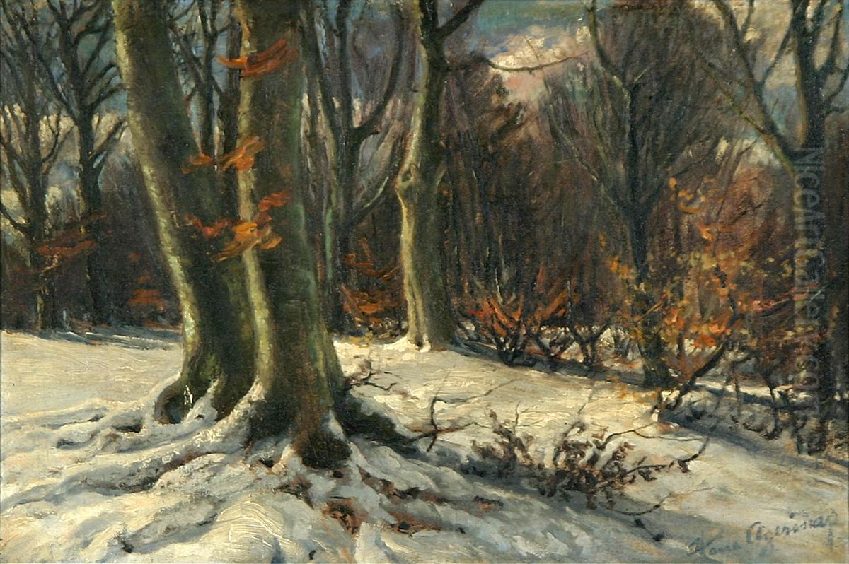 A winter day in the woods. Oil Painting by Hans Agersnap