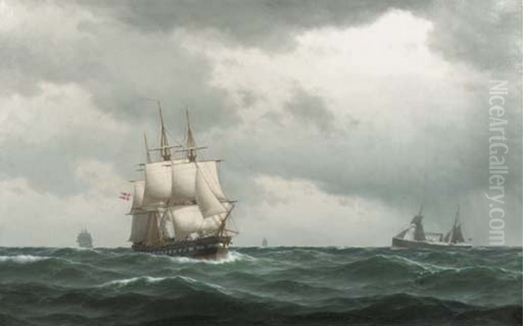 A Danish frigate and a steamer at sea. Oil Painting by Carl Baagoe