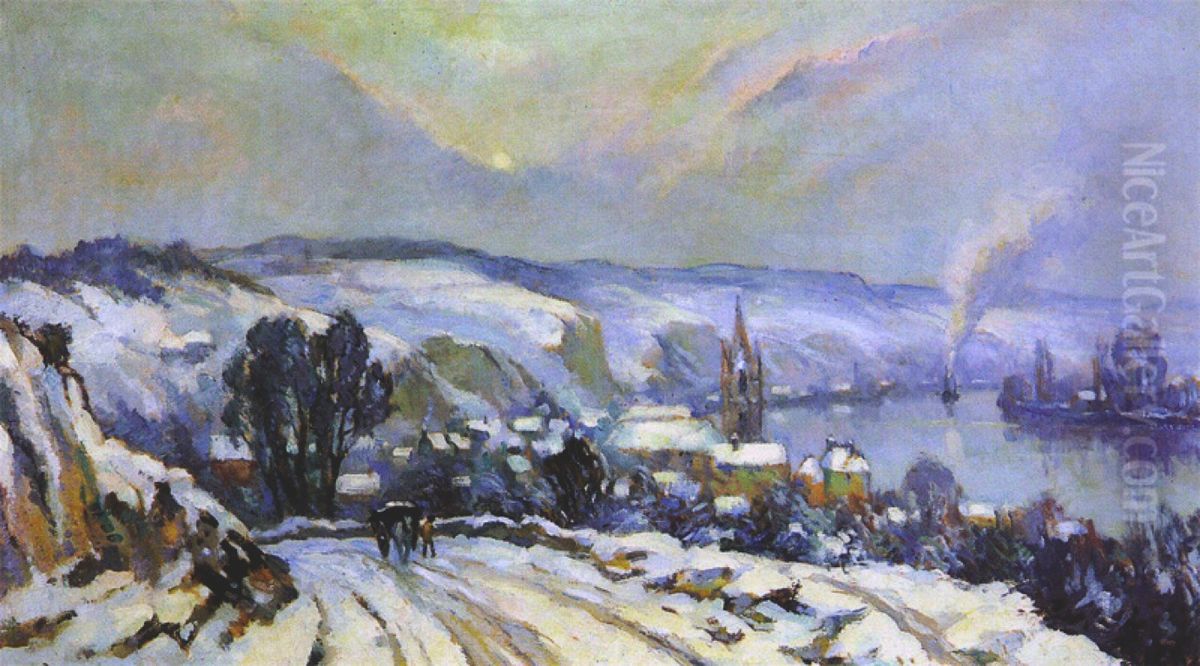 La Bouille under snow Oil Painting by Robert Antoine Pinchon