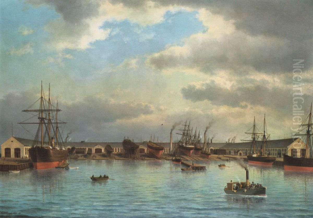 Burmeister & Wains skibsvaerft pa Refshaleoen, Kobenhavn. Oil Painting by Carl Baagoe
