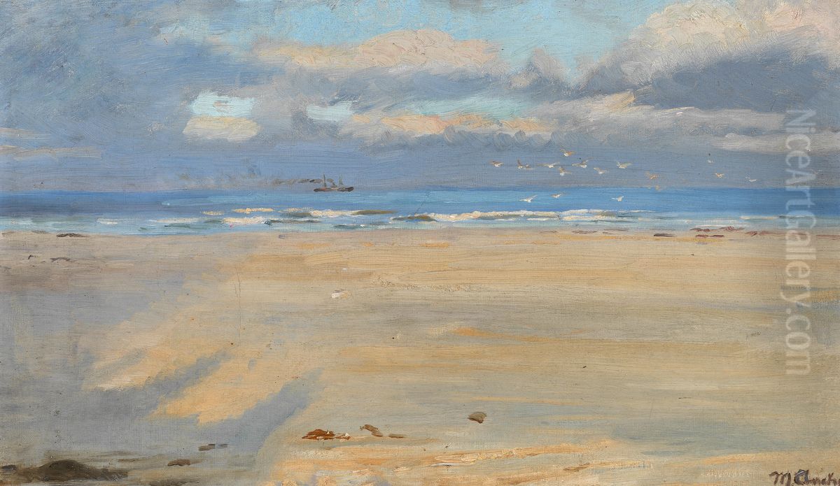 View from Skagen beach. A ship on the horizon. Oil Painting by Michael Peter Ancher