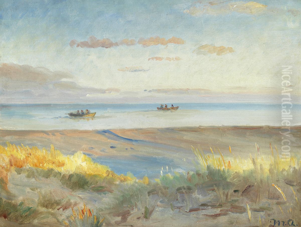 Aftensol over stranden ved Skagen. Fiskere i robade pa havet. Oil Painting by Michael Peter Ancher