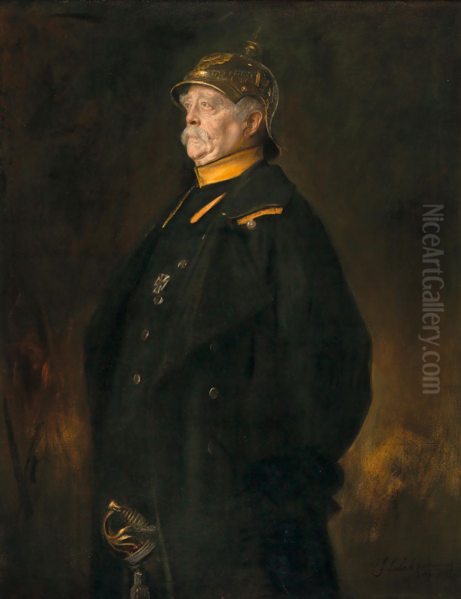 Bildnis des Fursten Otto von Bismarck in der Uniform seines Halberstadter Kurassierregiments mit Helm und Degen Oil Painting by Lenbach Franz Von