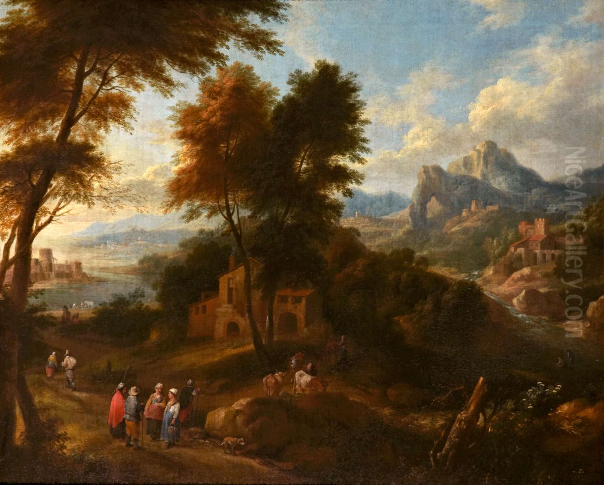 An Extensive River Landscape with Figures around a Village with a Town in the Distance Oil Painting by Pieter Bout