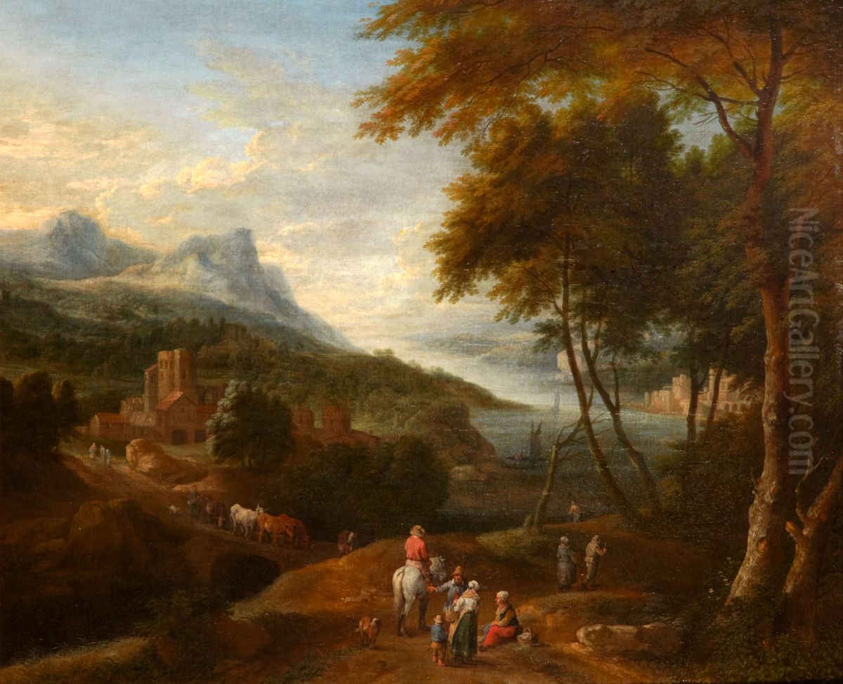 An Extensive Mountainous Landscape with Figures before a Building Oil Painting by Pieter Bout