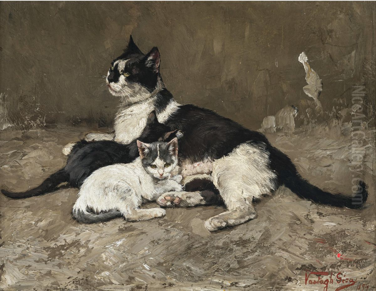 Katzenmutter mit ihren Jungen Oil Painting by Geza Vastagh