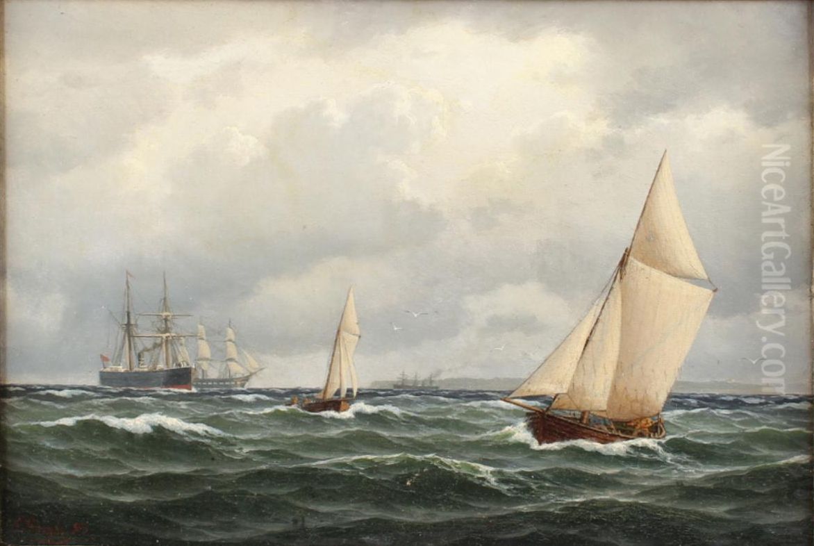 Ships off the island of Ven. Oil Painting by Carl Baagoe