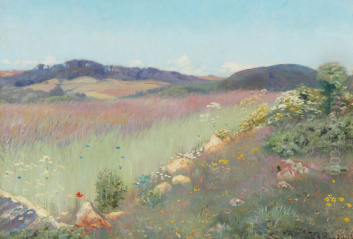 Udsigt over blomstrende dansk sommerlandskab, i forgrunden kornblomster og valmuer. Oil Painting by H. A. Brendekilde