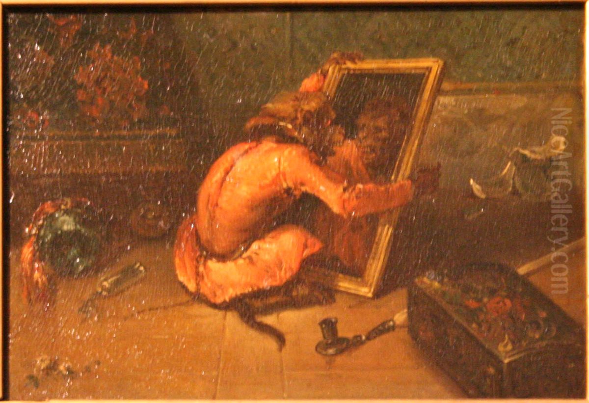 Singe se regardant dans une glace Oil Painting by Alexandre-Gabriel Decamps