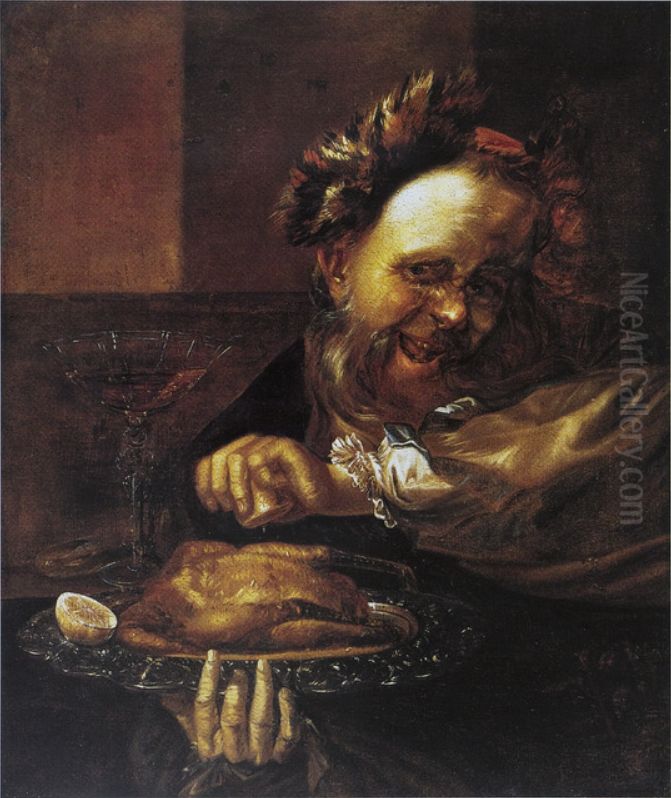 A bearded man squeezing a lemon over a roasted bird on a plate Oil Painting by Daniel Boone