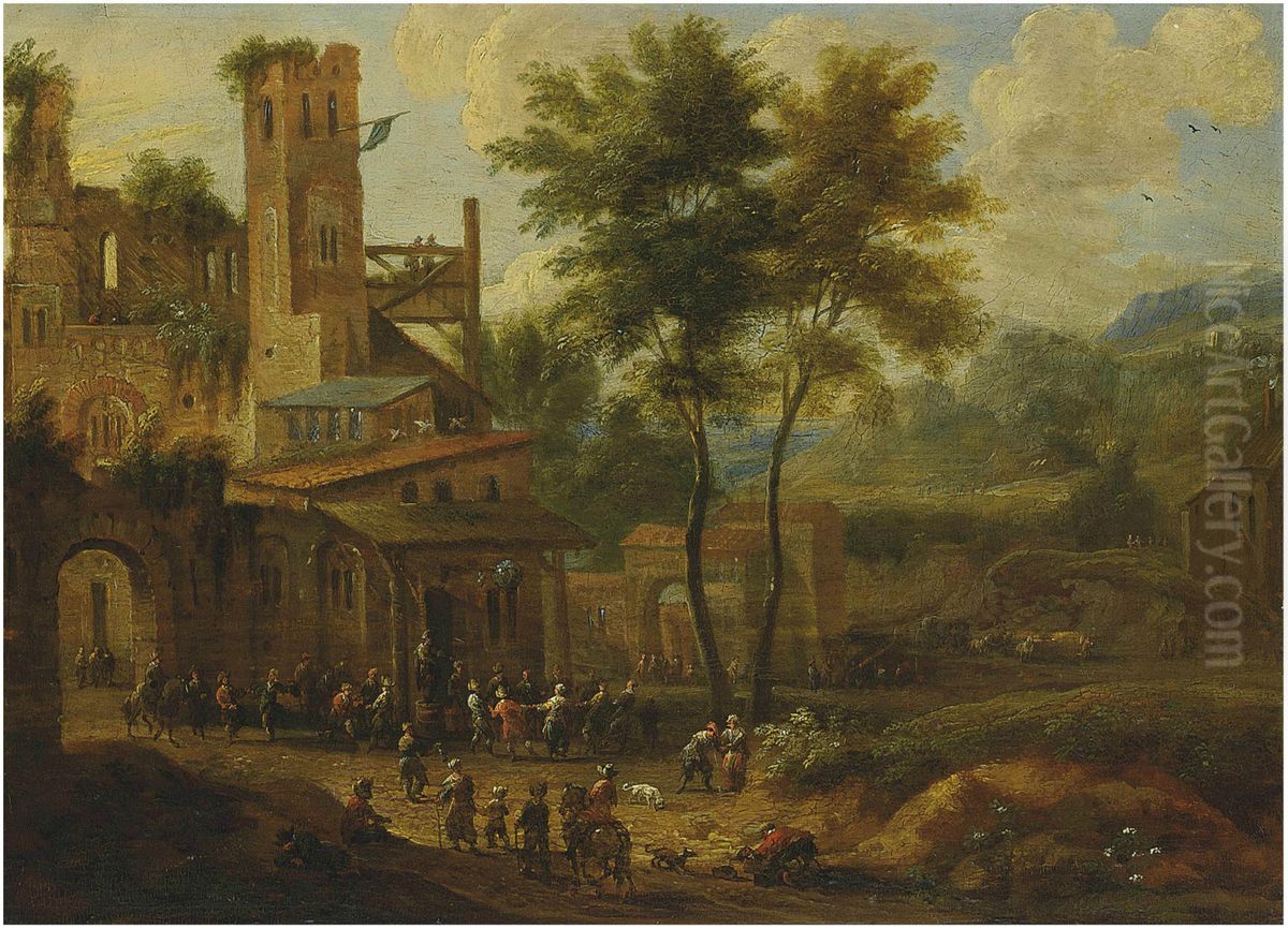 Peasants merrymaking on the outskirts of a village Oil Painting by Pieter Bout