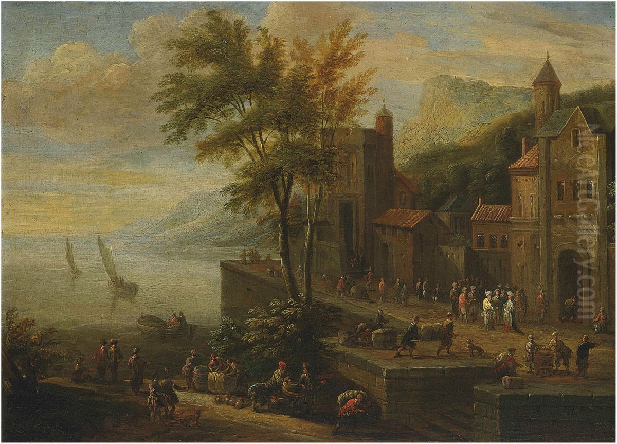 A coastal landscape with figures on the promenade Oil Painting by Pieter Bout