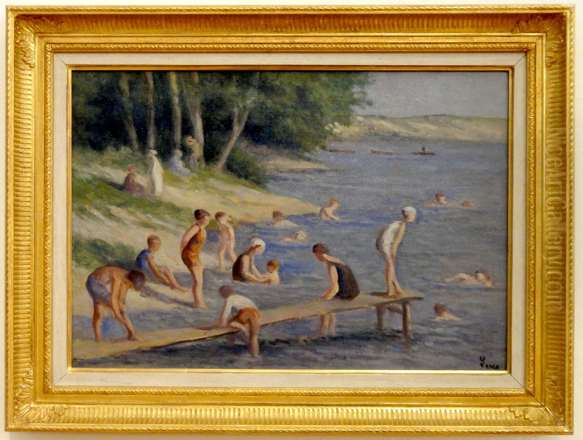 La plage de Mericourt, baignade Oil Painting by Maximilien Luce