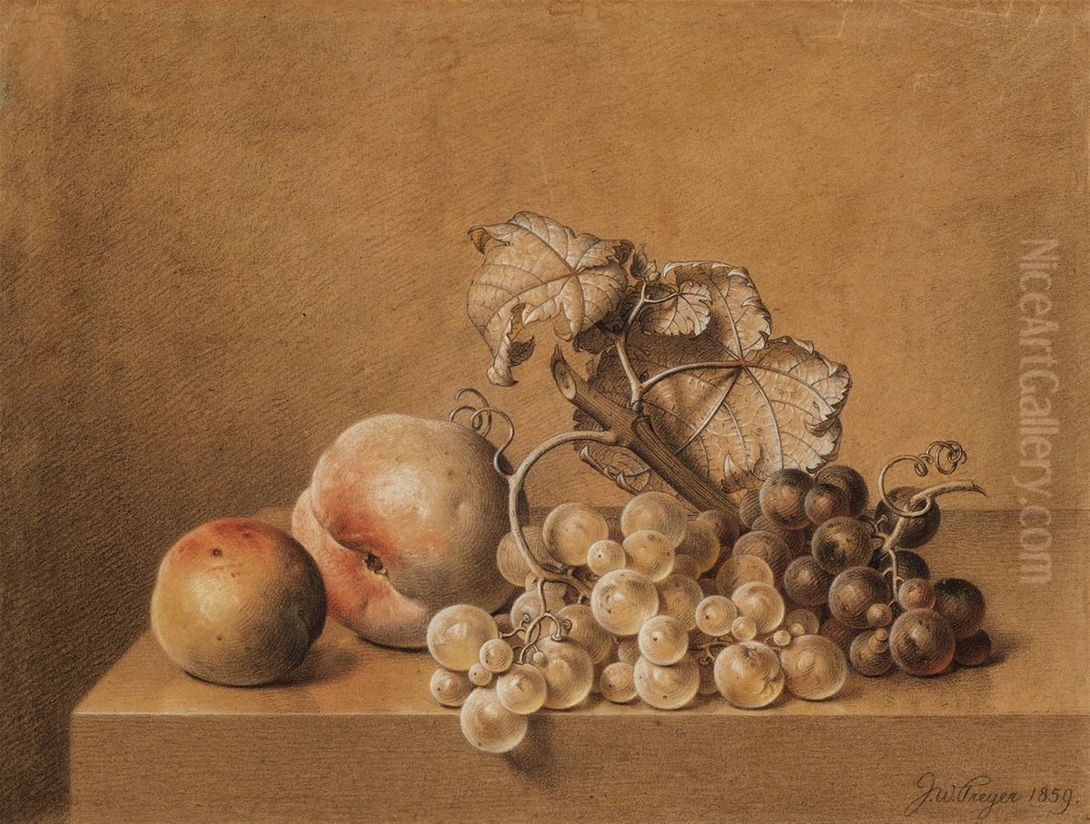 Stillleben mit Pfirsich und Trauben Oil Painting by Johann Wilhelm Preyer