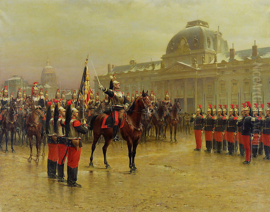 Colonel de la Rochethulon presenting to the recruits the flag of the 6th regiment of cuirassiers. January 1887 Oil Painting by Louis Auguste Georges Loustaunau