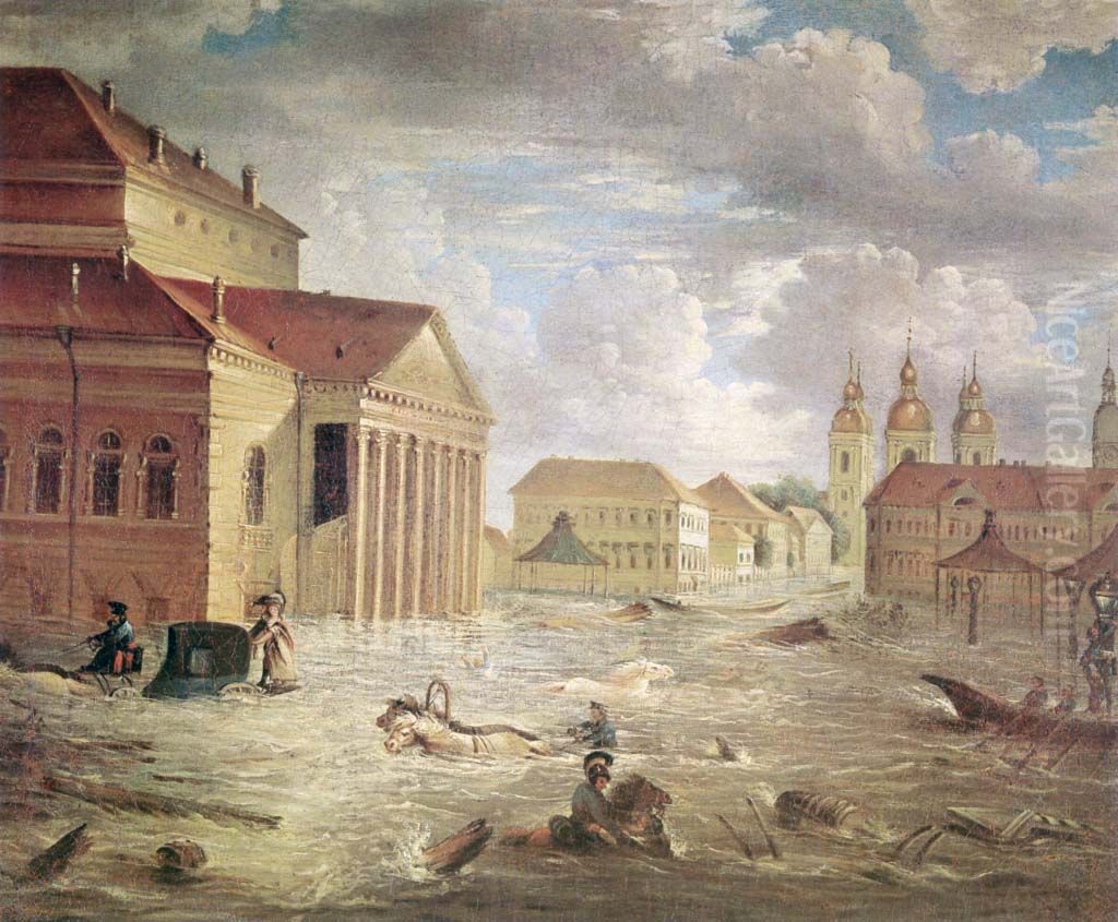 November 7, 1824 in the square at the Bolshoi Theatre Oil Painting by Fyodor Alekseyev