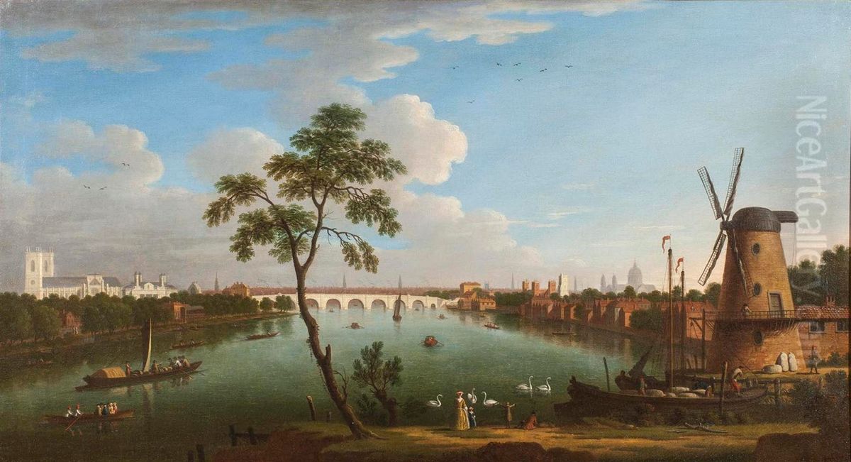 View of London with Westminster Bridge, Westminster Abbey, St. Pauls and Lambeth Palace Oil Painting by Peter Tillemans