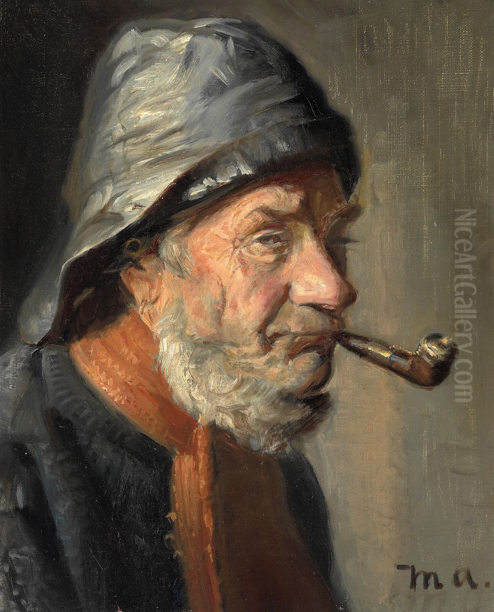 A fisherman from Skagen smoking a pipe. Oil Painting by Michael Peter Ancher