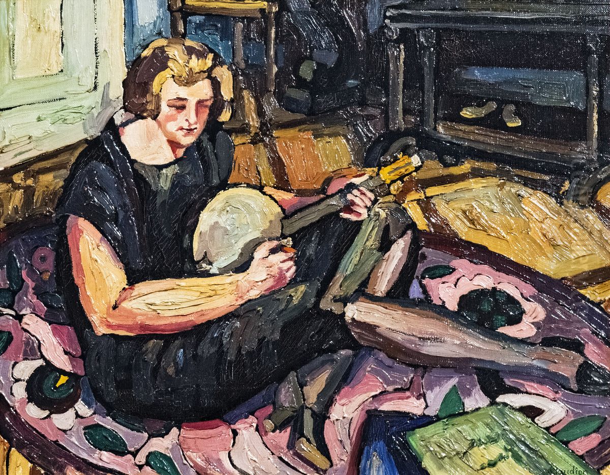 Luce on the banjo in the living room in Rabastens Oil Painting by Georges Gaudion