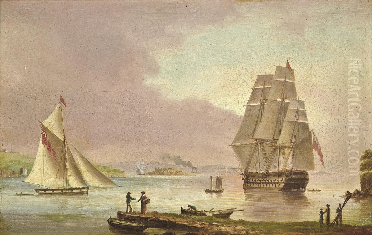A '74', traditionally thought to be H.M.S. Implacable, off Mount Edgcumbe, in Plymouth Sound Oil Painting by Thomas Luny
