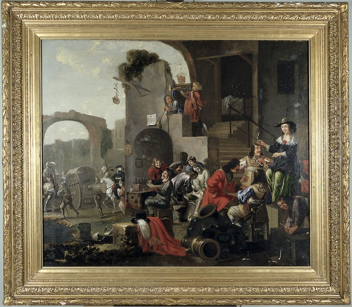 A barber and a surgeon attending to soldiers. Oil Painting by unknown