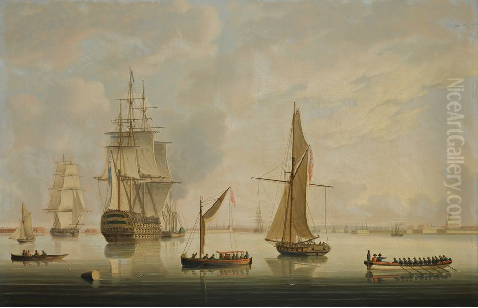 A British Man-of-War being Towed into Portmouth Harbour by a Steam Tug Oil Painting by Thomas Buttersworth