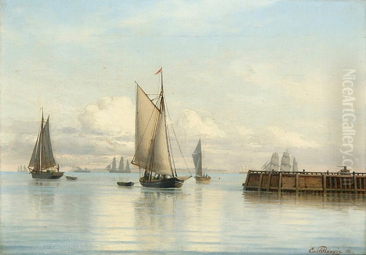 Marine med en jagt og talrige sejlskibe. Oil Painting by Carl Baagoe