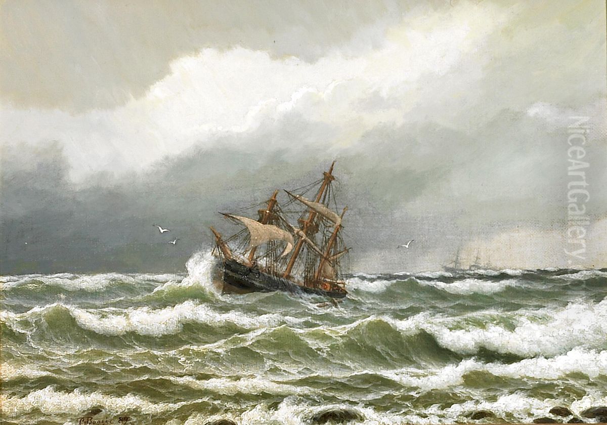 Two sailing ships in open sea. Oil Painting by Carl Baagoe