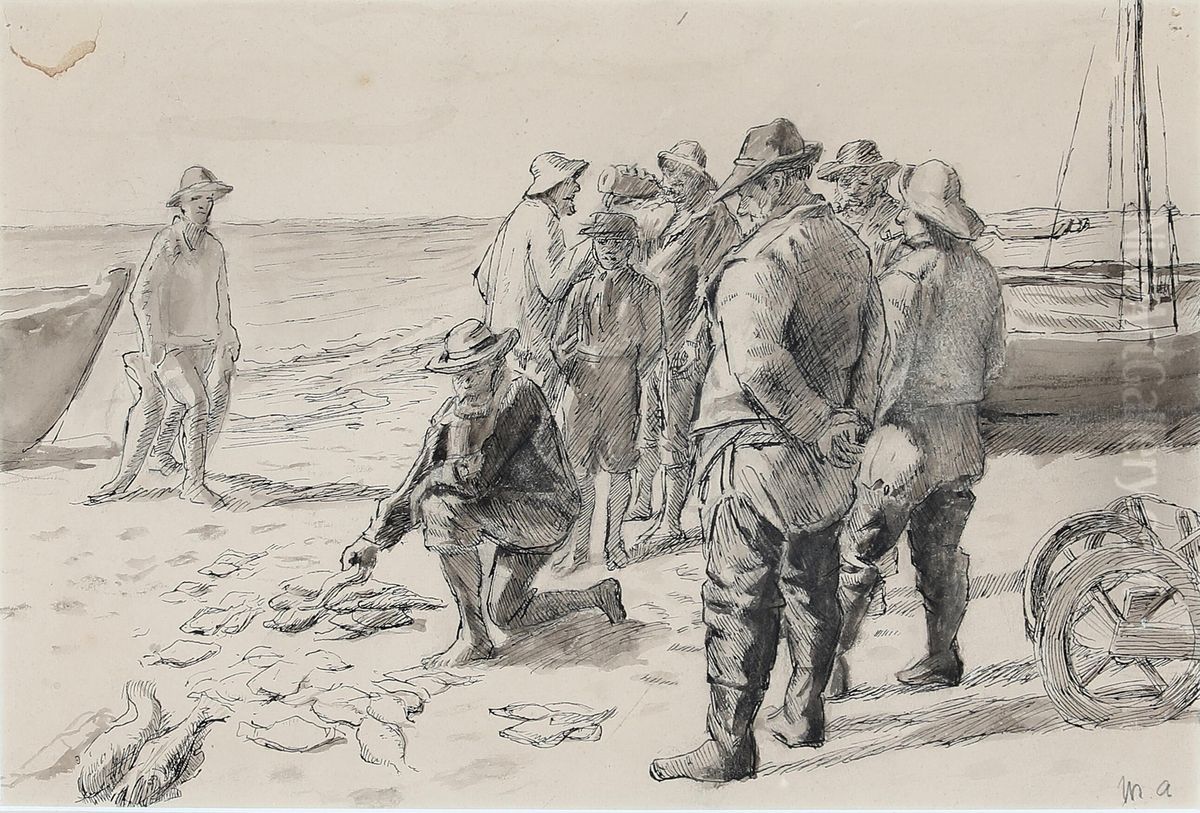 Assessing the catch. Early study. Oil Painting by Michael Peter Ancher