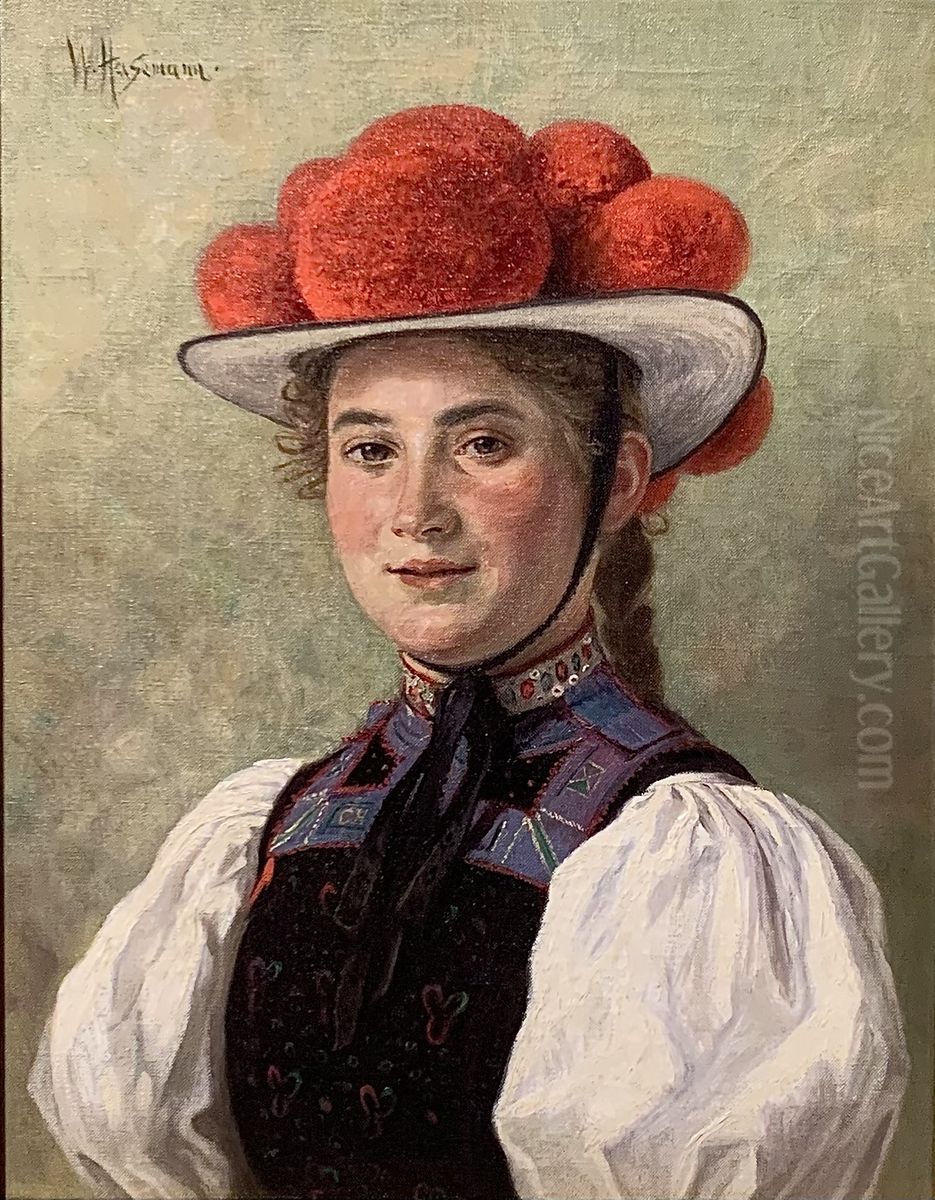 Woman from Gutach with Black Forest hat Oil Painting by Wilhelm Hasemann