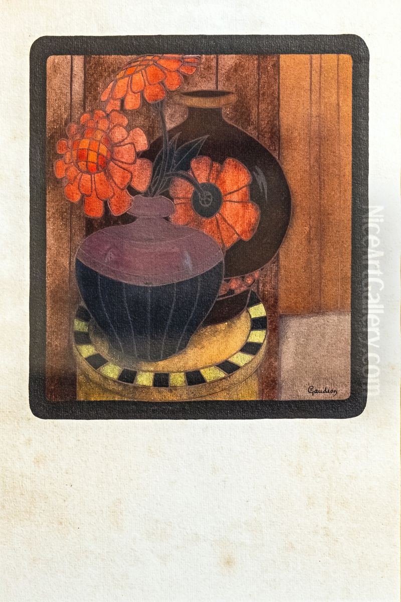 Red zinnias vase Oil Painting by Georges Gaudion