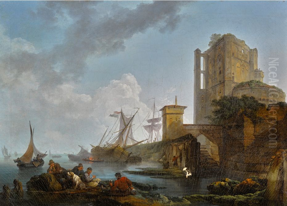 A HARBOUR SCENE, WITH FISHERMEN RESTING NEAR RUINS Oil Painting by Philip James de Loutherbourg