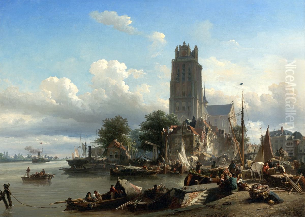 A Busy Harbour with Merchants unloading their Goods Oil Painting by Elias Van Bommel
