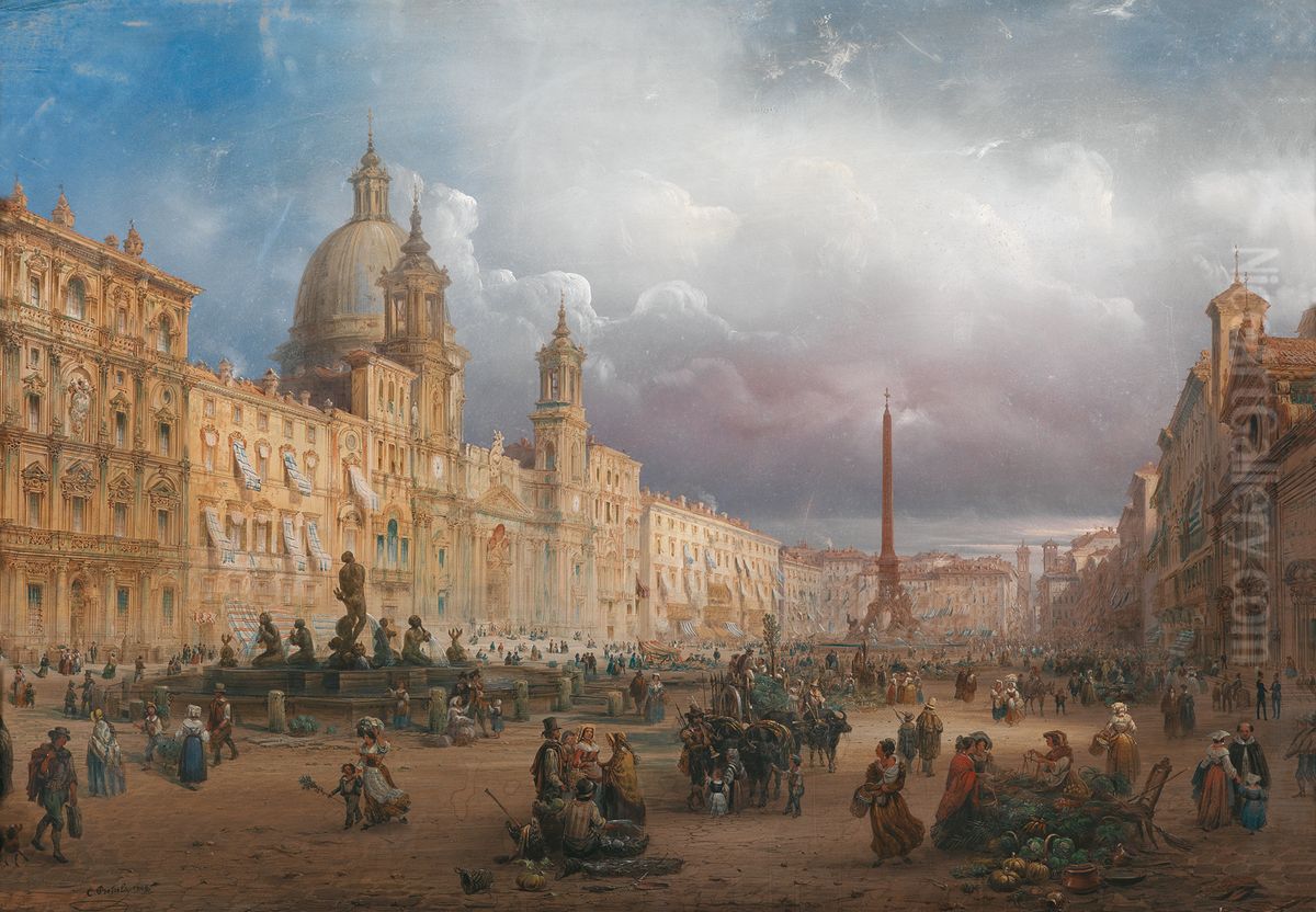 A bustling market on the Piazza Navona in Rome Oil Painting by Carlo Bossoli