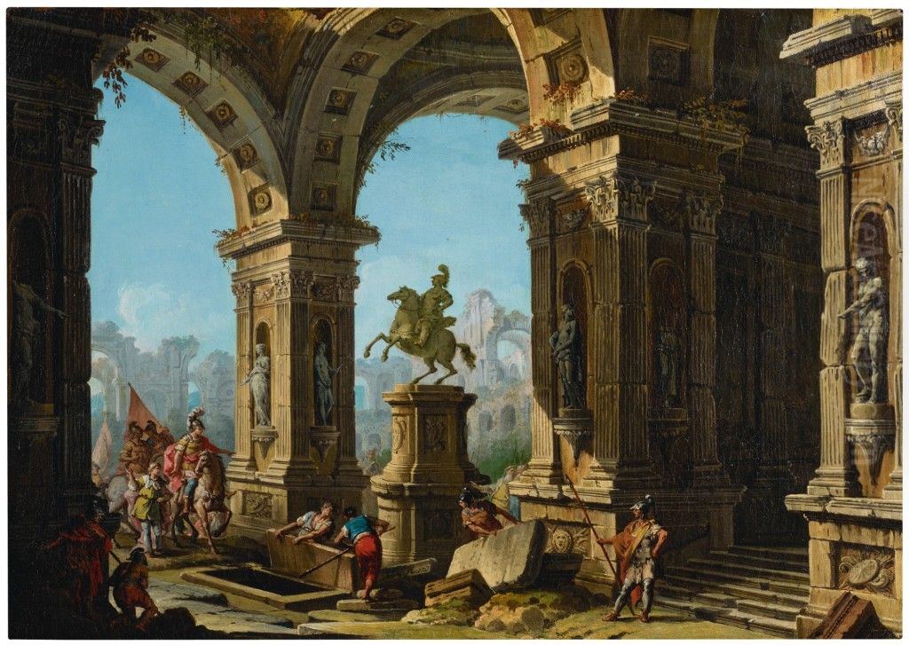 A capriccio view of a classical portico with Alexander The Great before the tomb of Achilles Oil Painting by Antonio Joli