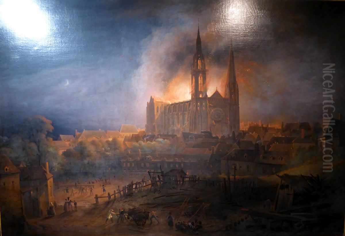 Fire at Chartres Cathedral, 4 June 1836 Oil Painting by Pernot, Francois Alexandre