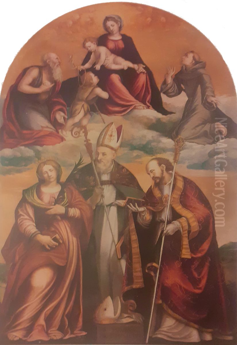Madonna col Bambino tra i santi Giovannino, Girolamo, Francesco, Placida, Mauro e Simplicio Oil Painting by Niccolo Giolfino