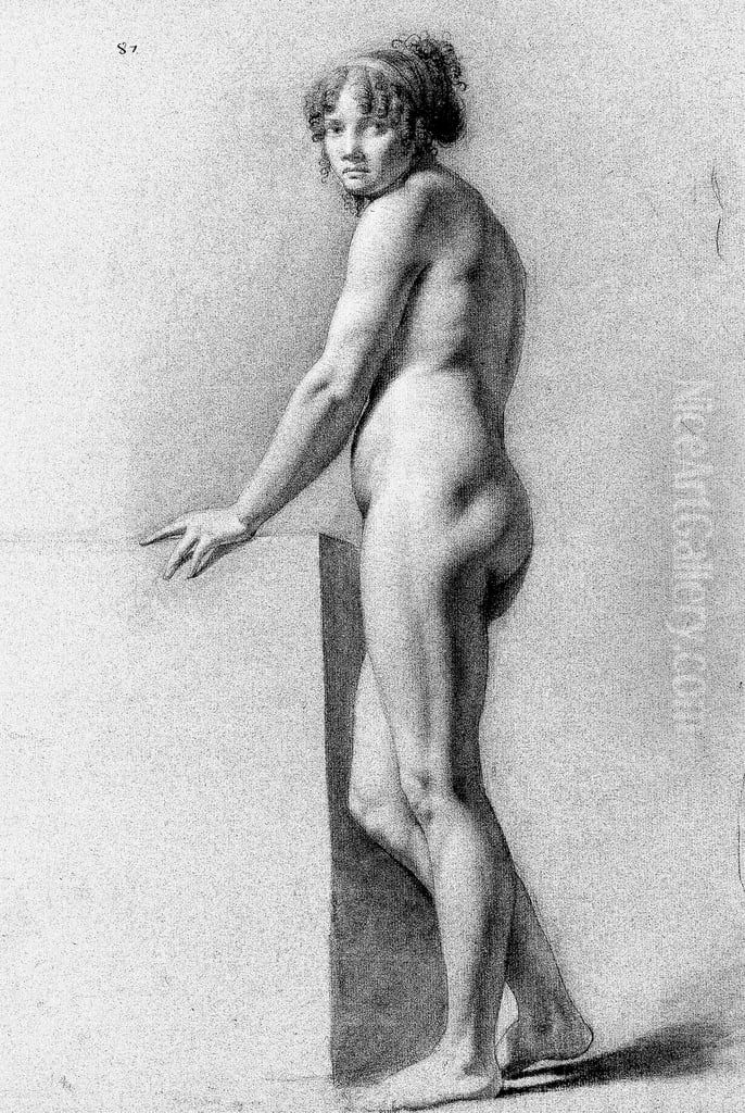 A Female Nude Leaning on a Plinth Oil Painting by Pauline Auzou