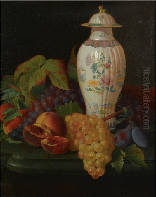 A FAMILLE ROSE VASE WITH GRAPES, PEACHES, PLUMS AND APRICOTS ON A TABLE Oil Painting by unknown