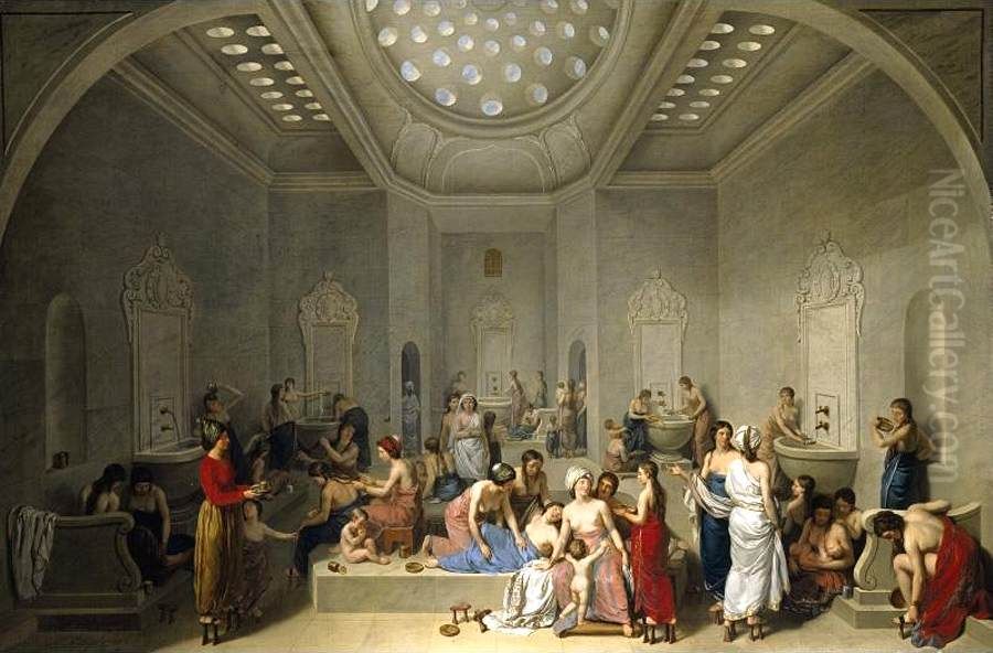 A Female Turkish Bath or Hammam Oil Painting by Jean-Jacques-Francois Le Barbier