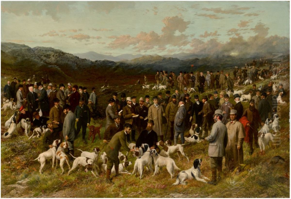 A FIELD TRIAL MEETING AT BALA, NORTH WALES, WITH PORTRAITS OF JUDGES, OWNERS, BREAKERS AND WINNING DOGS Oil Painting by George Earl