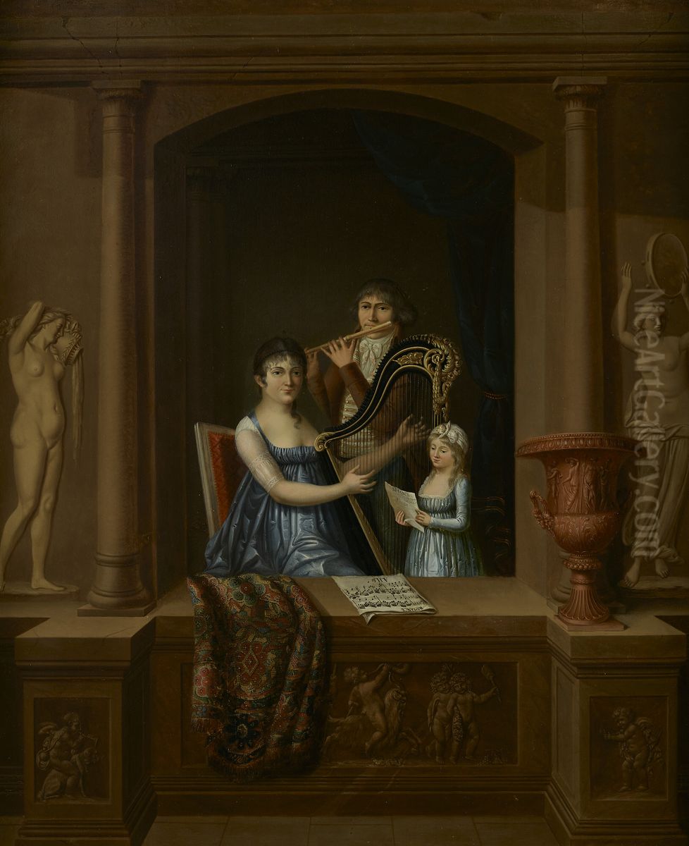 A Family of Musicians Playing in a Window Embrasure Oil Painting by unknown