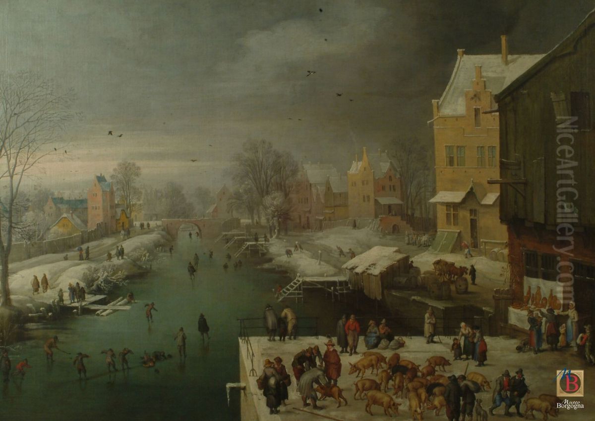 Winter landscape with skaters and a pig market Oil Painting by Joos de Momper the Younger