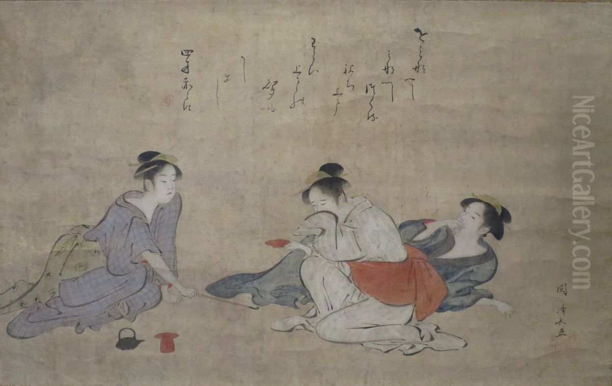 Three Drunken Women Oil Painting by Torii Kiyonaga