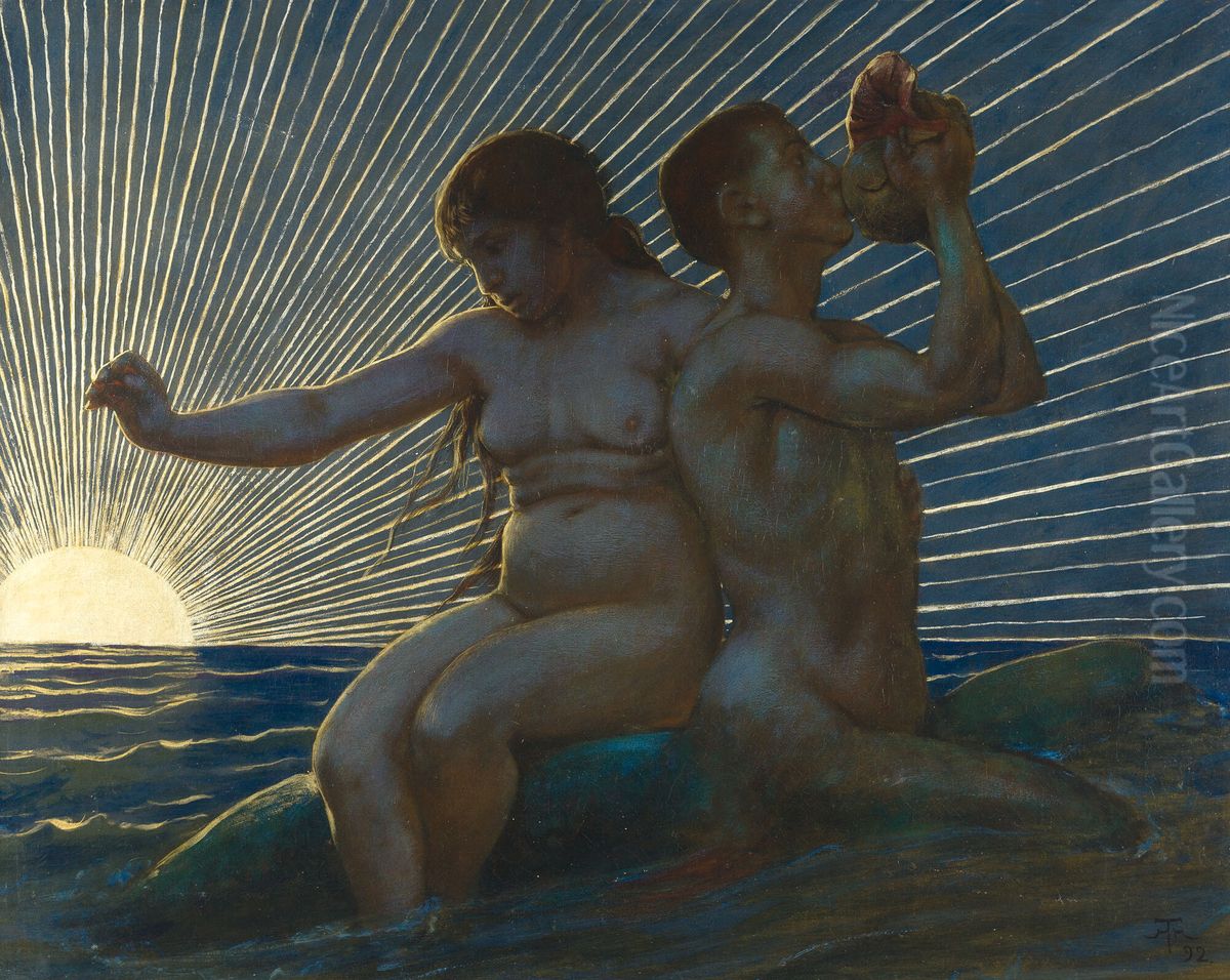 Triton and Nereide Oil Painting by Hans Thoma